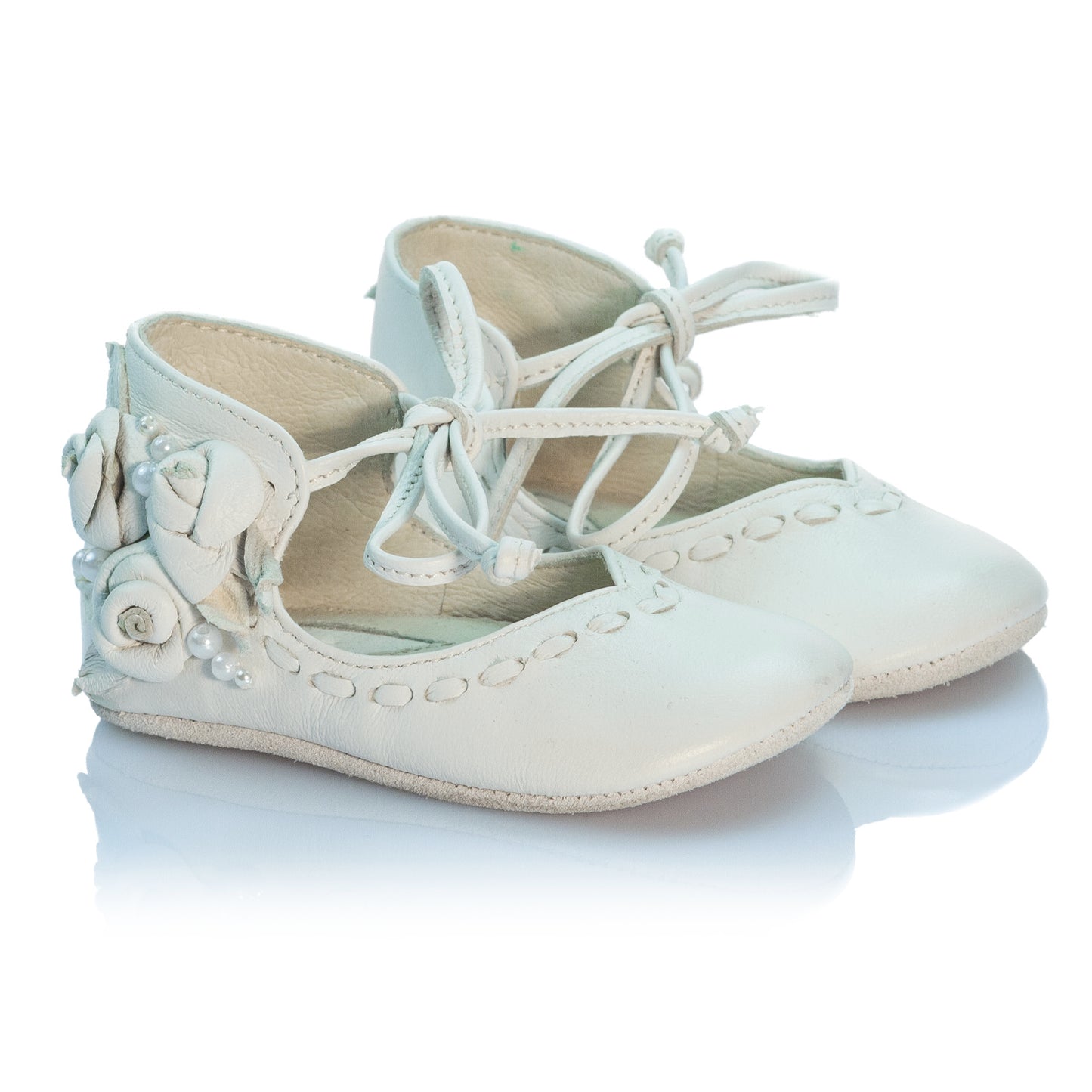 VIBYS Annika handmade ivory white soft leather baby girl ballerinas with roses and pearls