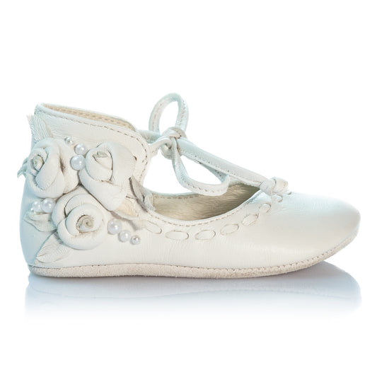 VIBYS Annika handmade ivory white soft leather baby girl shoes with roses and pearls