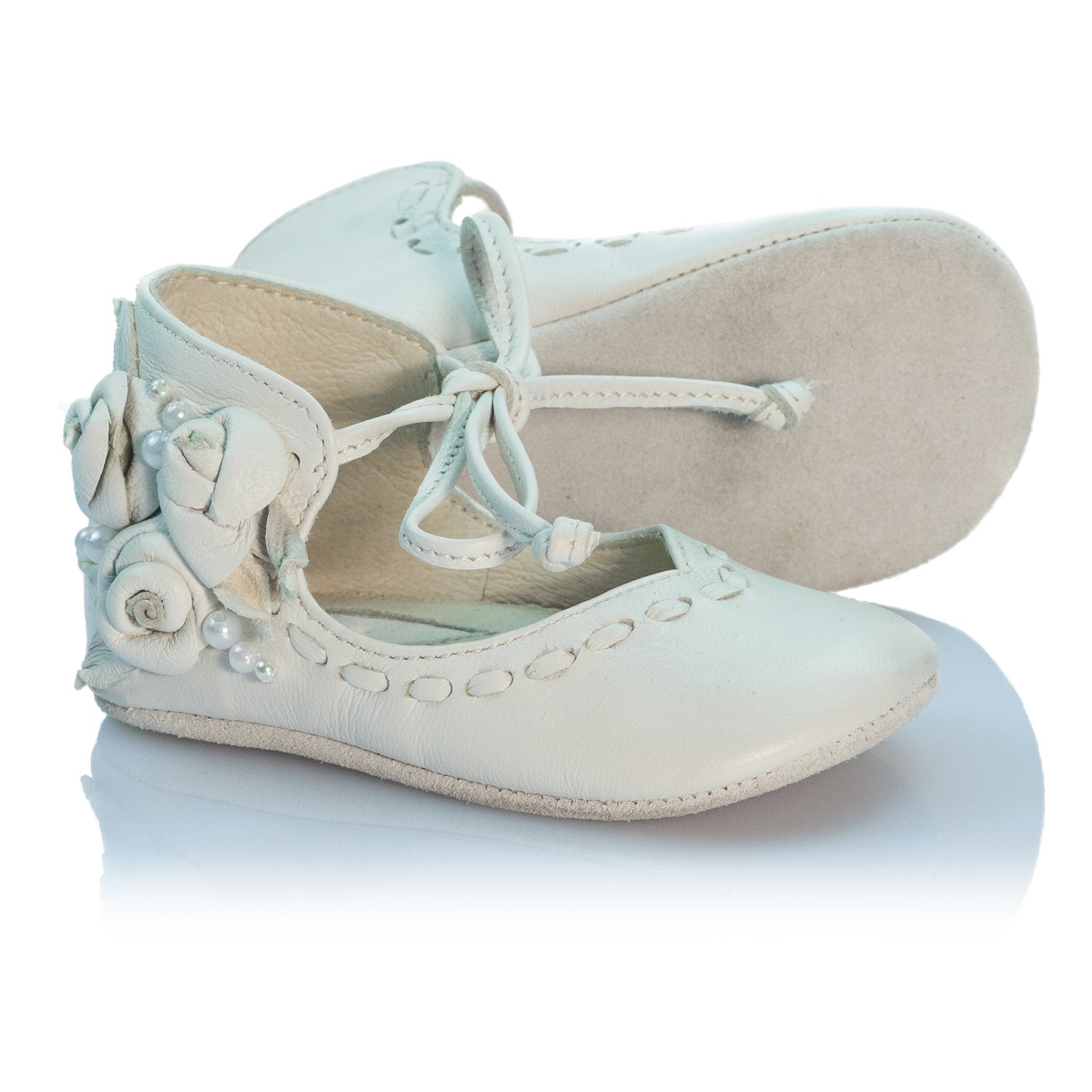 VIBYS Annika handmade ivory white soft leather baby girl shoes with roses and pearls