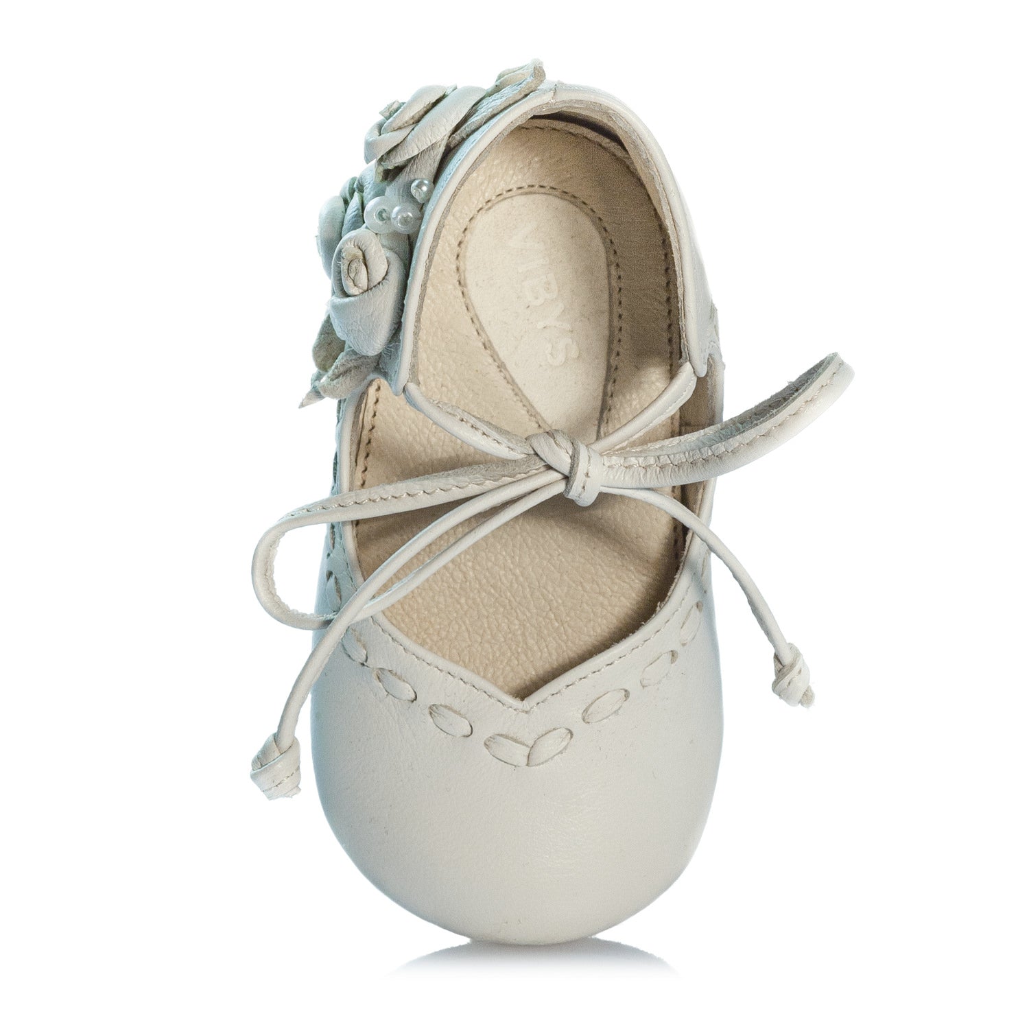 VIBYS Annika handcrafted ivory white soft leather baby girl wedding flats with roses and pearls