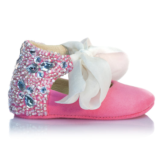 VIBYS Aurora handmade pink soft leather baby girl shoes with crystals pearls and white silk bow