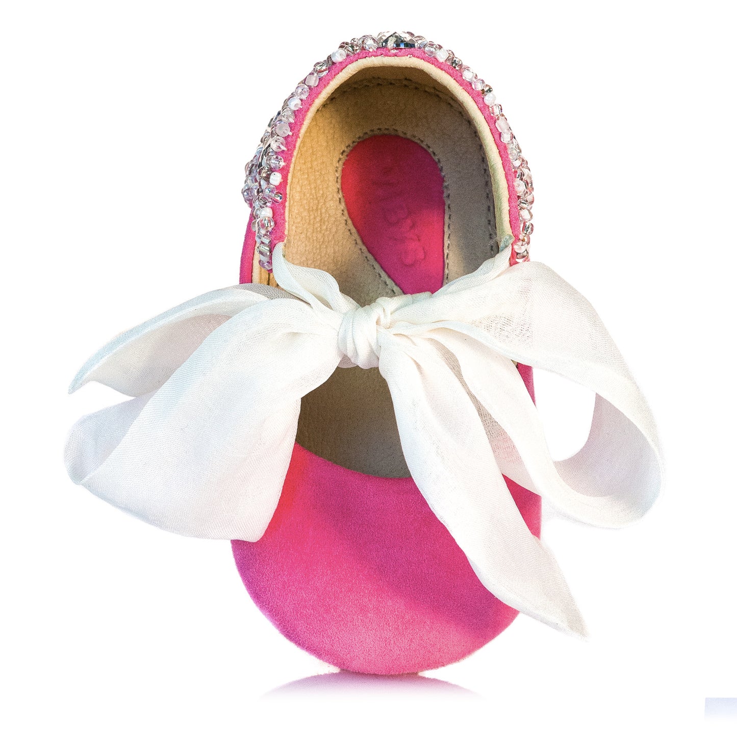 VIBYS Aurora pink soft leather baby ballerinas with crystals and white silk bow